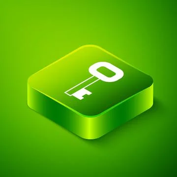 Isometric Old key icon isolated on green background. Green square button. Vector Illustrazione stock