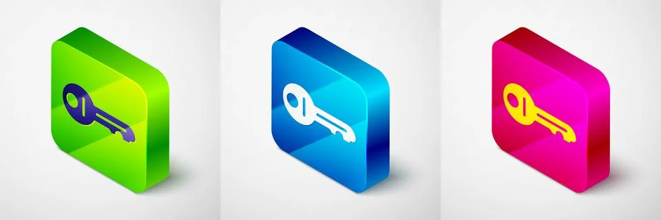 Isometric Old key icon isolated on grey background. Square button. Vector Stock Illustration