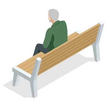 Isometric old man sitting on a bench and resting , back view, Isolated on white イラスト素材