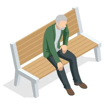 Isometric old man sitting on a bench and resting , front view, Isolated on white Stock Illustration