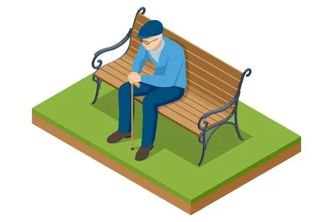 Isometric old man sitting on a bench in the park. Leisure activity, retirement Stock Illustration