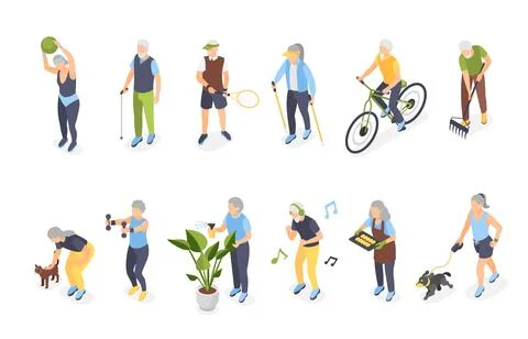 Isometric old people activities. Elderly men women training, play tennis cycling Stock Illustration