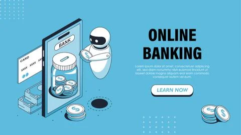 Isometric online banking poster. Bot with coin near smartphone. Cashless Stock Illustration