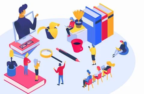 Isometric online business training vector illustration, cartoon 3d tiny trainer Illustrazione stock