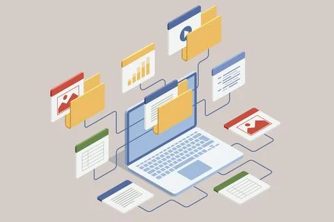 Isometric Online documentation database and digital file storage system or イラスト素材