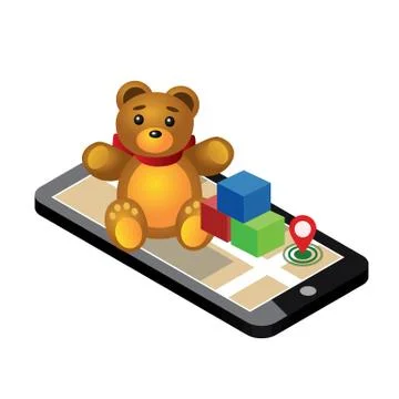 Isometric online e-commerce toy shop. Searching for gift. Home delivery. Cute Stock Illustration