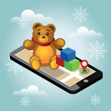 Isometric online e-commerce toy shop. Searching Christmas and New Year childish Stock Illustration
