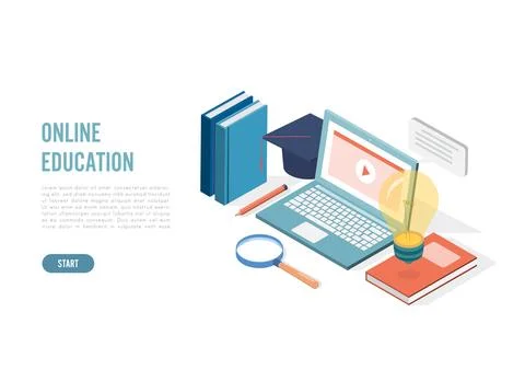 Isometric online education, e learning and adult courses concept. Language .. Stockillustratie