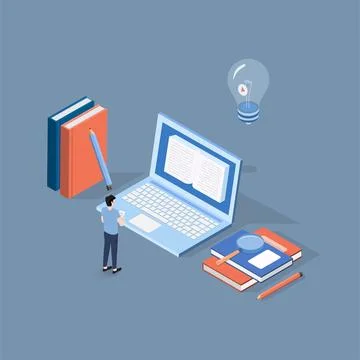 Isometric online education, e learning and adult courses concept. Language .. Stockillustratie