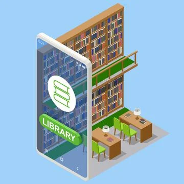 Isometric Online library app for reading, bookstores concept. E-learning from イラスト素材