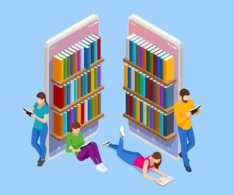 Isometric Online library app for reading, bookstores concept. E-learning from Stock Illustration