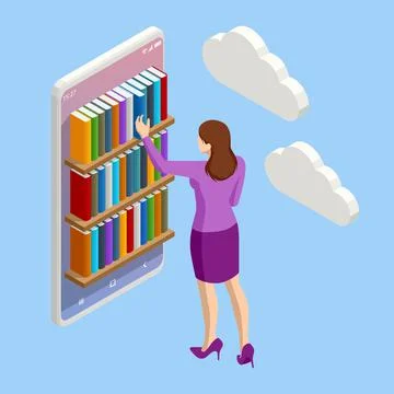 Isometric Online library app for reading, bookstores concept. E-learning from Ilustración de archivo