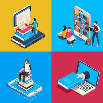 Isometric online library. Students reading books on smartphone, studying sc.. Illustrazione stock