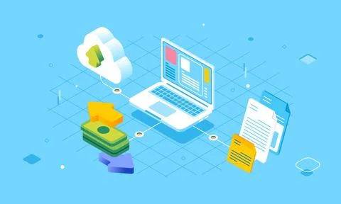 Isometric online network transfer payment, document, cloud computing concept Stock Illustration