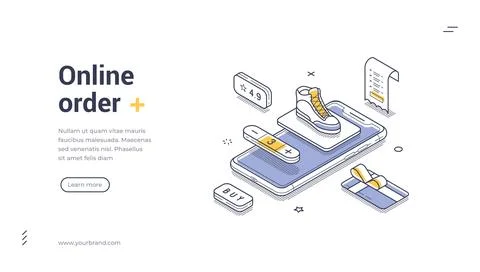 Isometric online order banner template. Vector illustration of mobile shoppin Stock Illustration
