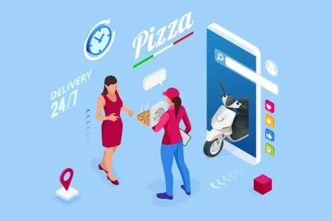 Isometric Online Pizza Order mobile app templates. Free delivery, Fast food Stock Illustration