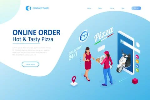 Isometric Online Pizza Order mobile app templates. Free delivery, Fast food Stock Illustration