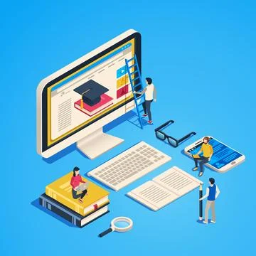 Isometric online teaching. Internet classroom, student learning at computer.. イラスト素材