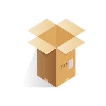 Isometric open empty cardboard box of rectangular shape with label Ilustración de archivo