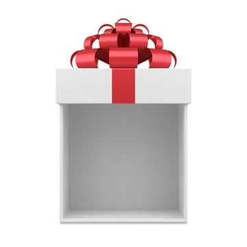 Isometric open empty wrapped white gift box decorated by red glossy bow ribbo Illustrazione stock