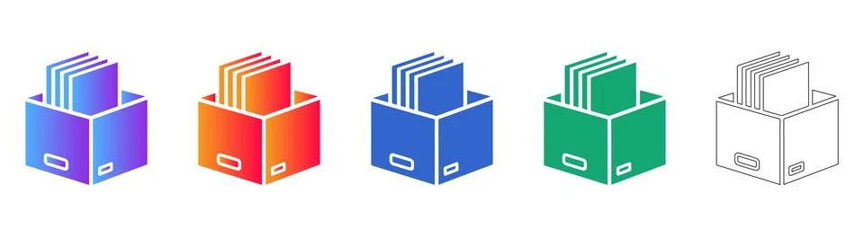 Isometric Open File Box Icon Collection in Multiple Styles Stock Illustration