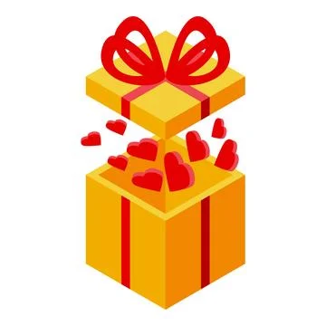 Isometric open gift box exploding with love hearts Stock Illustration