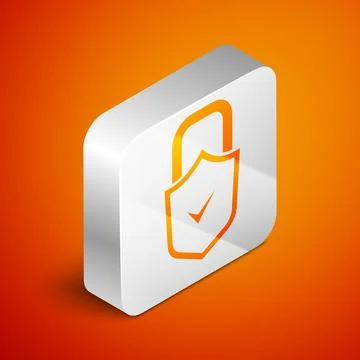 Isometric Open padlock and check mark icon isolated on orange background. Cyb Stock Illustration