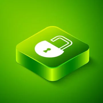 Isometric Open padlock icon isolated on green background. Opened lock sign 库存插图