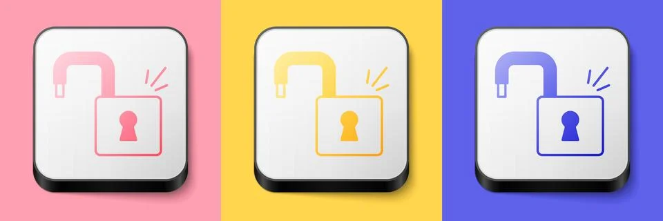 Isometric Open padlock icon isolated on pink, yellow and blue background. Opened 스톡 일러스트
