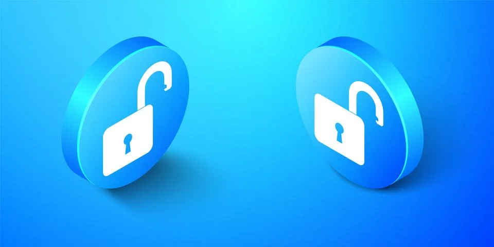 Isometric Open padlock icon isolated on blue background. Opened lock sign. Cyber 스톡 일러스트