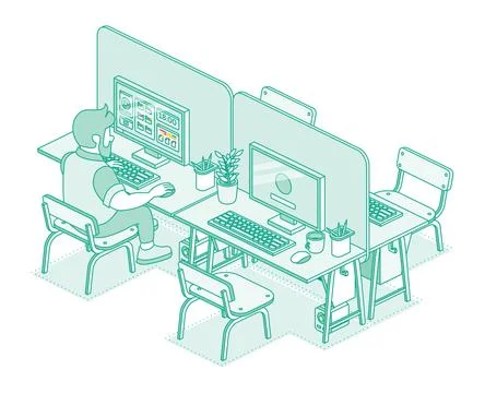 Isometric open space office isolated on white background. Outline, linear s.. Stockillustratie