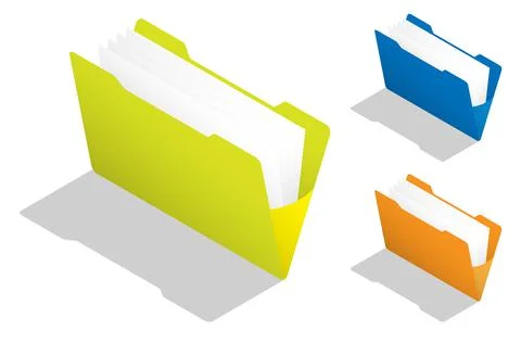 Isometric Open yellow folder with documents. Empty filled. Remove paper sheet Stock Illustration