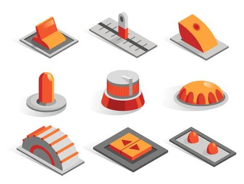 Isometric or 3d various buttons vector set. Isolated icons collection in Illustrazione stock