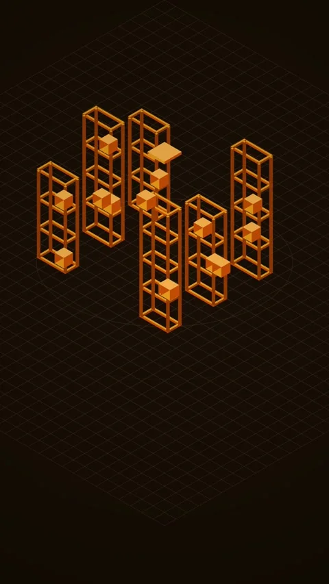 Isometric Orange Wireframe Shelves with Floating Cubes Abstract 3D Animation Stock Footage 346202749