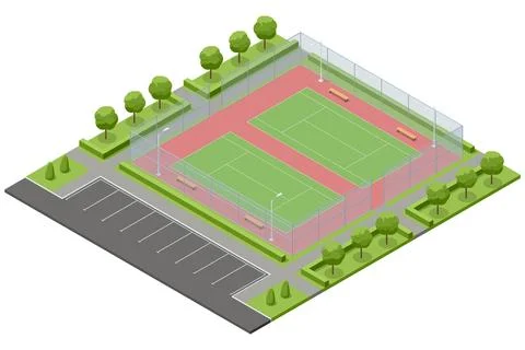 Isometric outdoor tennis complex with two courts, parking and landscaped sports Illustrazione stock