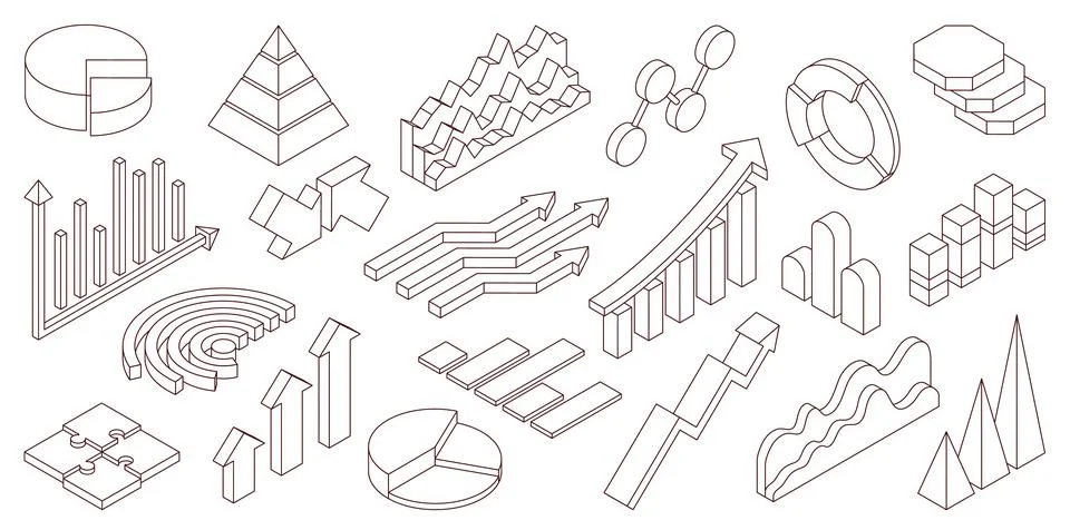 Isometric outline graphs. Data analysis charts, visual business statistics Stock Illustration