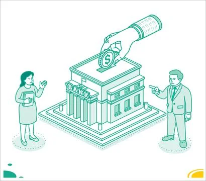 Isometric outline illustration of a large hand placing a dollar coin into a.. Ilustración de archivo