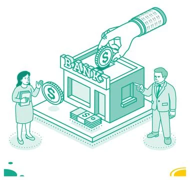 Isometric outline illustration of a large hand placing a dollar coin into a.. Ilustración de archivo