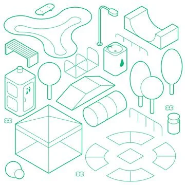 Isometric Outline Skatepark Objects Set Ilustração Stock