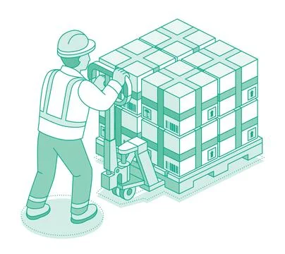 Isometric outline worker moving stacked boxes on a pallet truck. Logistics,.. Stock Illustration