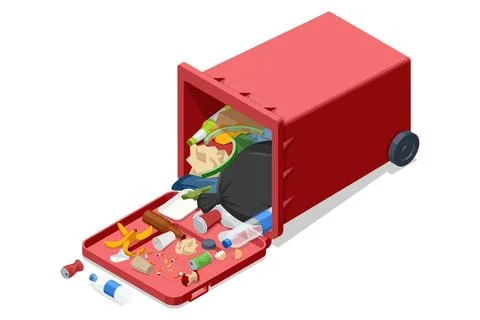 Isometric overturned red trash bin with scattered litter on a light background Stock Illustration