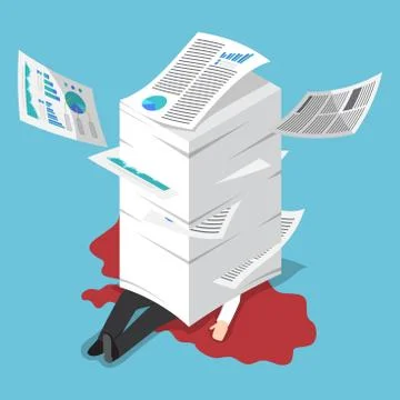 Isometric overworked businessman under the stack of paper Stock Illustration