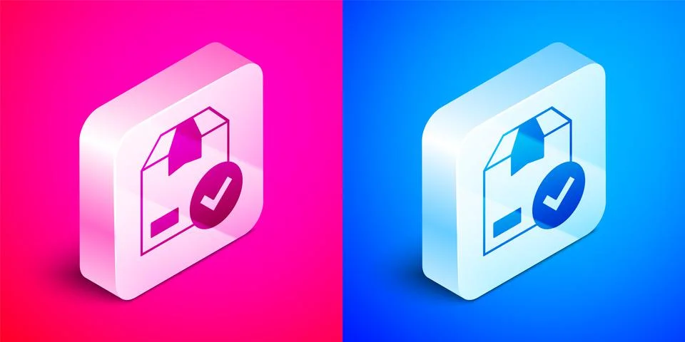Isometric Package box with check mark icon isolated on pink and blue background 库存插图