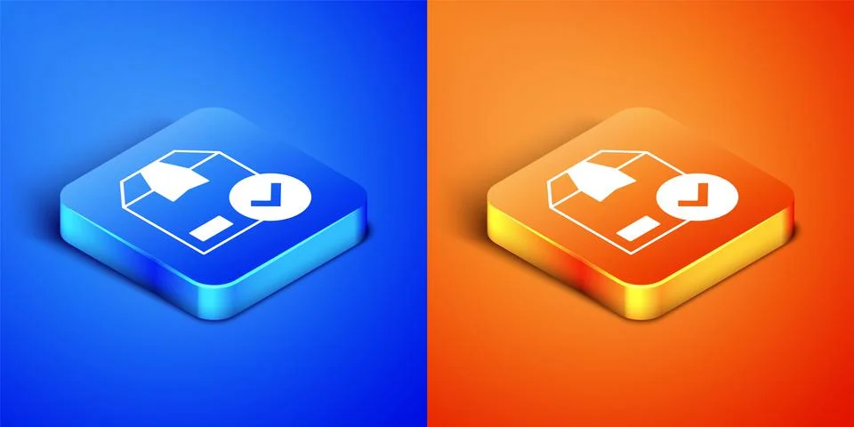 Isometric Package box with check mark icon isolated on blue and orange Illustrazione stock