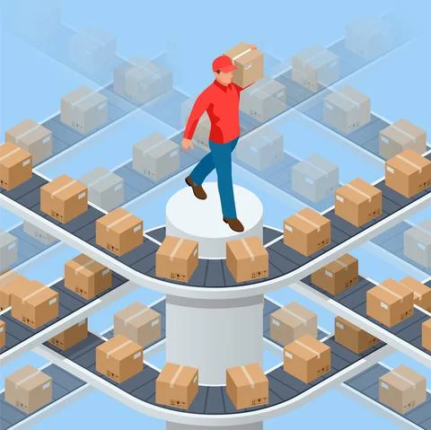 Isometric packed courier on production line against cardboard boxes in warehouse Stock Illustration
