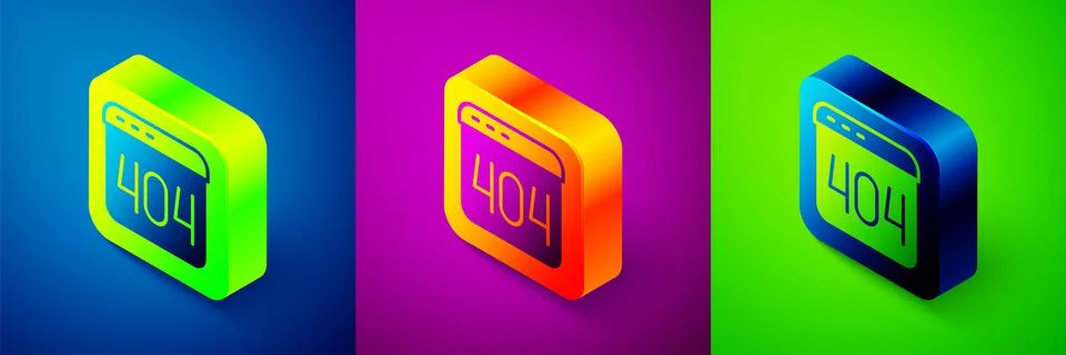 Isometric Page with a 404 error icon isolated on blue, purple and green Stock Illustration