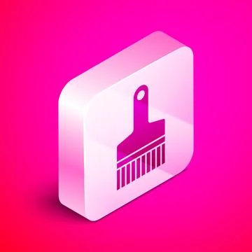 Isometric Paint brush icon isolated on pink background. Silver square button. Stock Illustration