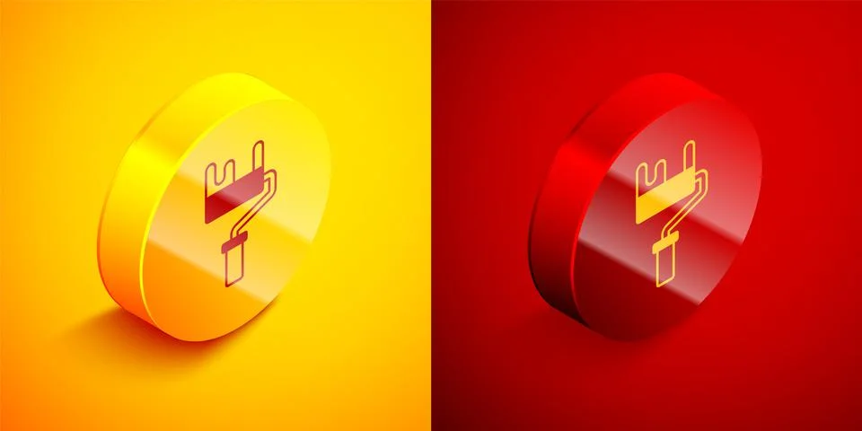 Isometric Paint roller brush icon isolated on orange and red background. Circle Stock Illustration