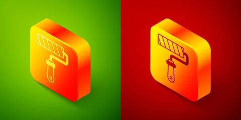 Isometric Paint roller brush icon isolated on green and red background. Square Stock Illustration