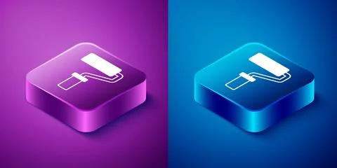 Isometric Paint roller brush icon isolated on blue and purple background. Square Stock Illustration